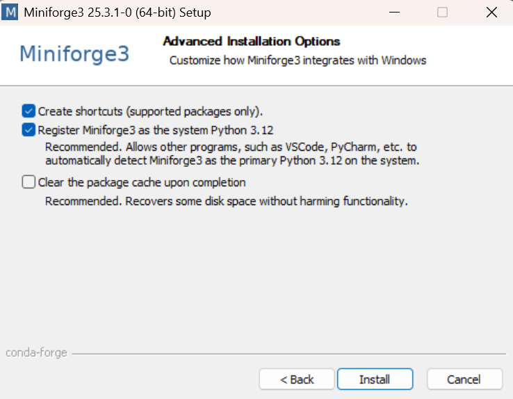 Options d'installation Miniforge3