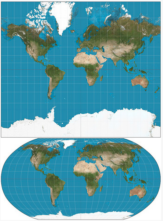 Two types of projections, Mercator (top) and Robinson (bottom). (https://futuremaps.com/blogs/news/top-10-world-map-projections)